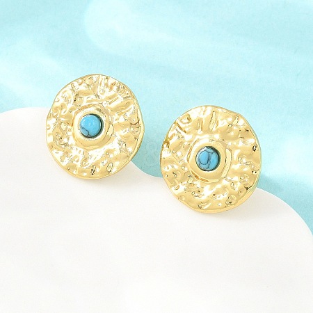 304 Stainless Steel Synthetic Turquoise Center Textured Round Stud Earrings for Women SA-CBAB549-03G-1