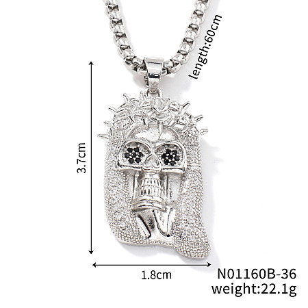 Brass Crystal Rhinestone Skull Crowned Jesus Pendant Box Chain Necklaces PU6252-2-1