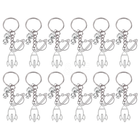 12Pcs Alloy & 304 Stainless Steel Robot & Rocket & Planet Keychains KEYC-FH00100-1