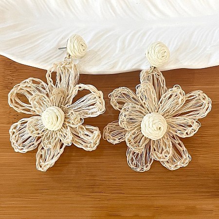 Bohemian Raffia with Linen Stud Dangle Earrings FS-WG91701-09-1