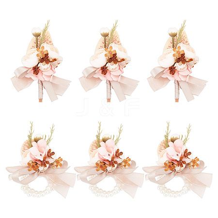 GOMAKERER 6Pcs 2 Styles Silk Cloth Imitation Rose Boutonniere & Wrist Corsage AJEW-GO0001-30-1