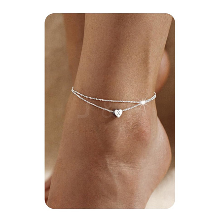 201 Stainless Steel Heart with Initial Charm Double Layer Anklets for Women FS-WG0EC0A-20-1