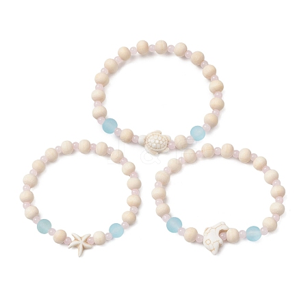 3Pcs Synthetic Turquoise & Wood & Glass Beaded Stretch Bracelets for Women BJEW-JB11128-1