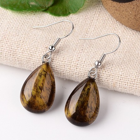 Natural Tiger Eye Teardrop Dangle Earrings EJEW-J089-05-1