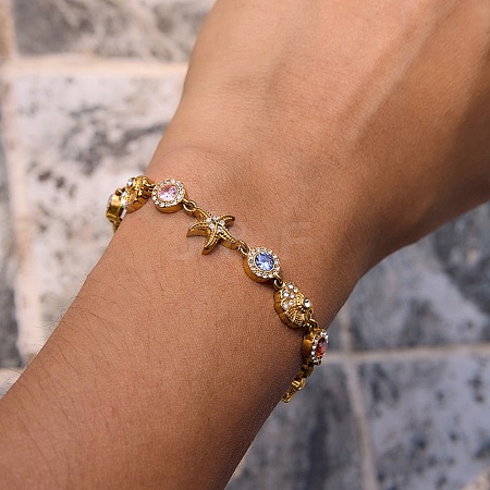 Ocean Theme 304 Stainless Steel Rhinestone Link Chain Bracelets for Women SA-CBA183D-09B-G-1
