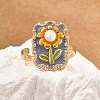 Flower Pattern Brass Enamel & Natural Freshwater Pearl Open Cuff Rings for Women RJEW-G342-01G-01-3