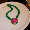 Flat Round Alloy Rose & Emerald Rhinestone Pendant Necklaces for Women WGD430D-02-1