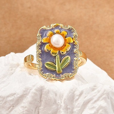 Flower Pattern Brass Enamel & Natural Freshwater Pearl Open Cuff Rings for Women RJEW-G342-01G-01-1