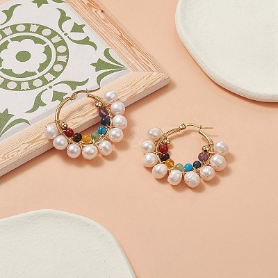 Natural & Synthetic Mixed Gemstone & Pearl Beaded Hoop Earrings EJEW-JE05233-1