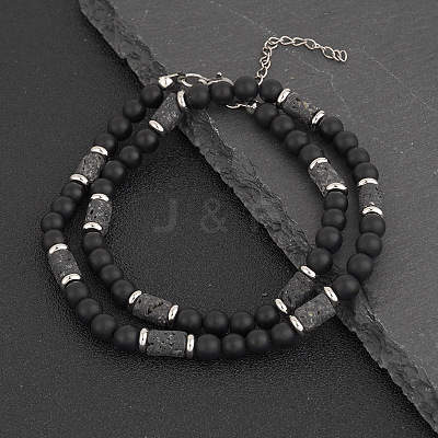 Natural Black Onyx(Dyed & Heated) Round and Lava Rock Column Beaded Necklaces for Men LS-AD4538-1-1