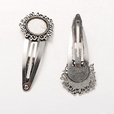 Flower Iron Snap Hair Clips with Tibetan Style Alloy Round Trays MAK-J002-04AS-1