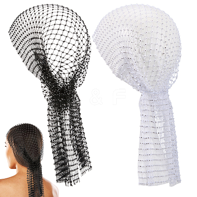 2Pcs 2 Colors Polyester Rhinestone Mesh Headpiece Cap for Women AJEW-CY0001-64-1