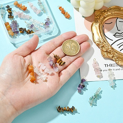 24Pcs 12 Styles Natural Quartz Crystal & Rose Quartz & Tiger Eye & Amethyst & Fluorite & Red Aventurine Pendants & Links Connector Charms PALLOY-YW00048-1