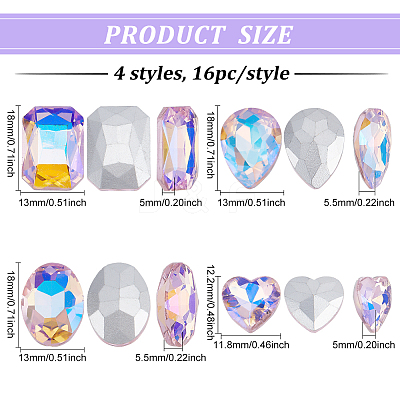 64Pcs 4 Style Pointed Back Glass Rhinestone Cabochons RGLA-FG0001-08-1