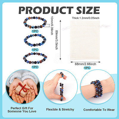 10MM Round Natural Tiger Eye & Obsidian & Evil Eye Bead Stretch Bracelets for Women Men BJEW-TA0001-19-1