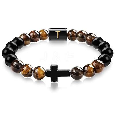 8MM Natural Tiger Eye and Matte Black Obsidian Round Beaded Stretch Bracelets SL9862-20-1