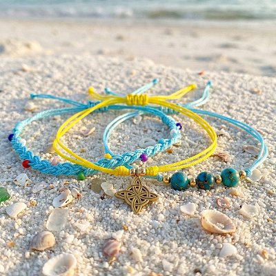 Summer Beach Style Adjustable Synthetic Green Turquoise Imperial Stone Beaded Bracelet Set UQ9789-1-1
