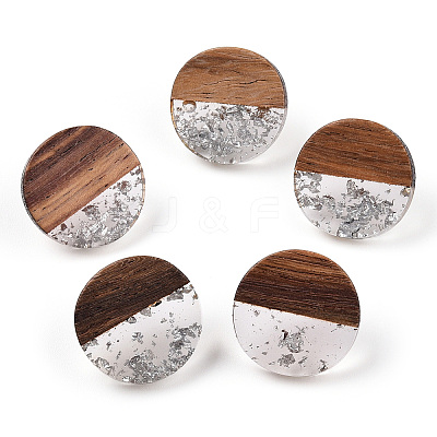 Resin & Walnut Wood Flat Round Stud Earrings with 304 Stainless Steel Pin for Women EJEW-TADZ0001-01S-1