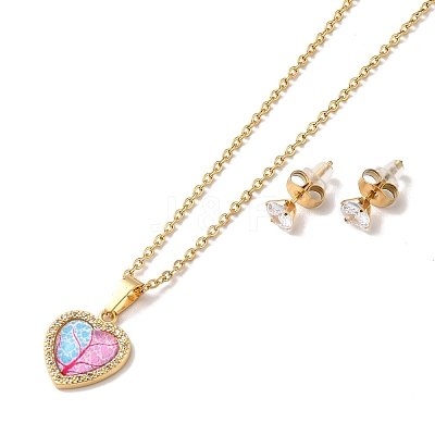 Clear Cubic Zirconia Heart with Acrylic Tree Pendant Necklace & Diamond Stud Earrings SJEW-M099-03G-1