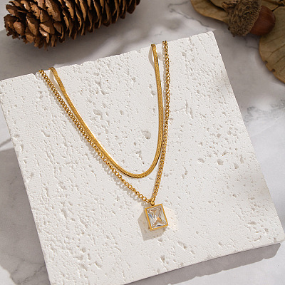 European Style Stainless Steel Pave Clear Cubic Zirconia Rectangle Pendant Snake Chain Double Layered Necklaces for Women ND1910-1