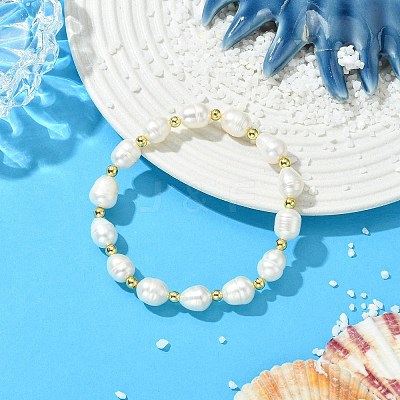 Brass & Natural Cultured Freshwater Pearl Beaded Stretch Bracelets for Women BJEW-JB13740-1