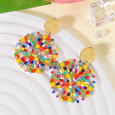 Flat Round 304 Stainless Steel Glass Seed Beads Dangle Stud Earrings FS-WG93238-03-1