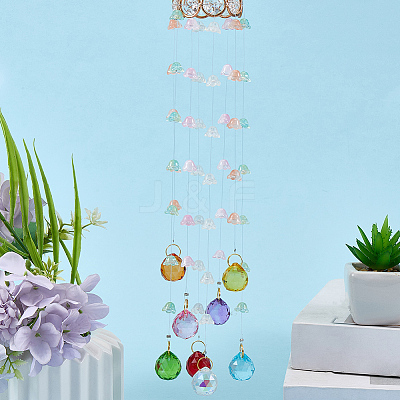 Flower Round Glass Beads Tassel Hanging Suncatchers for Window Garden Outdoor Decoration HJEW-WH20020-007C-1