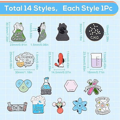 14Pcs 14 Styles Black Alloy Chemistry Theme Brooches JEWB-SC0001-48-1