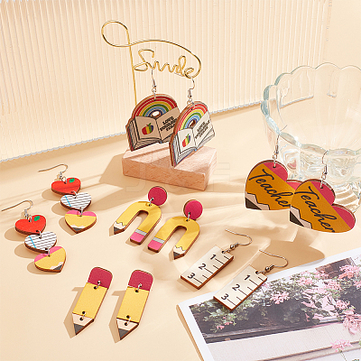 6 Pairs 6 Styles Teachers' Day Wood Dangle Earrings with Iron Pins EJEW-AN0004-85-1