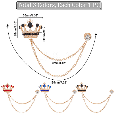 AHADEMAKER 3Pcs 3 Colors Rhinestone Crown with Hanging Safety Chains Brooch JEWB-GA0001-13-1
