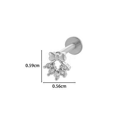 Bowknot 316L Surgical Stainless Steel Clear Cubic Zirconia 17 Gauge Internally Threaded Labrets WGBD99E-12-1