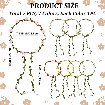 7Pcs 7 Colors Polyester Artificial Rose Garland Headbands Hair Vine AJEW-CP0008-27-1
