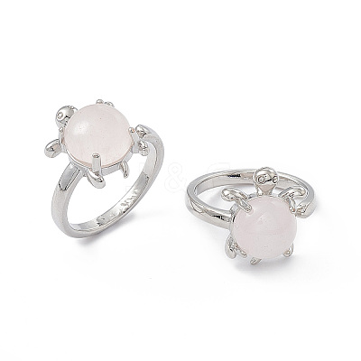 Natural Rose Quartz Turtle Open Cuff Ring RJEW-P082-01P-24-1