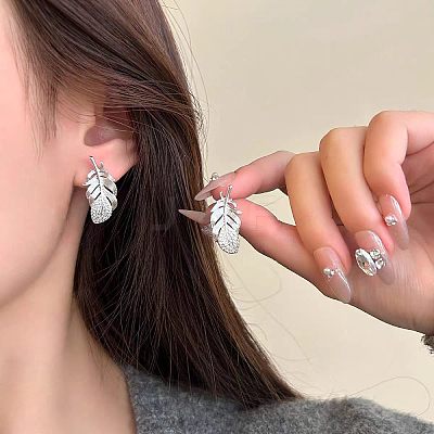 Alloy Rhinestone Feather Stud Earrings for Women WG36FE1-01-1