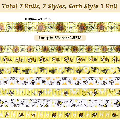 7 Rolls 7 Styles Polyester Bees Printed Grosgrain Ribbons Set SRIB-CY0001-02A-1