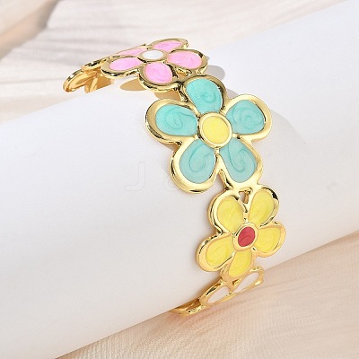 Flower Brass Enamel Cuff Bangles for Women BJEW-A173-06G-1