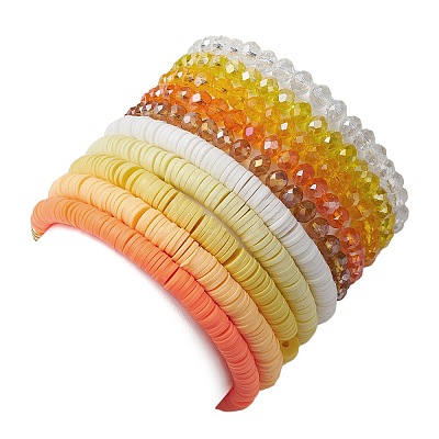 10Pcs Polymer Clay Disc & Glass & Brass Beaded Stretch Bracelets Set BJEW-JB09676-03-1