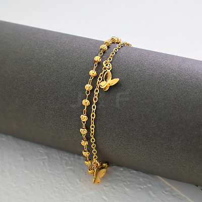 Vintage Beach Brass Butterfly Tassel Double Layer Chain Anklets for Women OZ0830-1