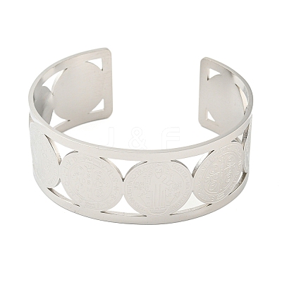 304 Stainless Steel Wide Hollow Saint Benedict Medal Open Cuff Bangles BJEW-S154-01P-1