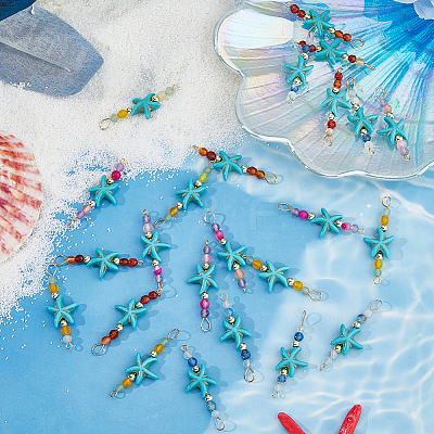 24Pcs 4 Colors Summer Beach Dyed Synthetic Turquoise Starfish & Natural Mixed Stone Faceted Round Beaded Connector Charms PALLOY-FH00160-1