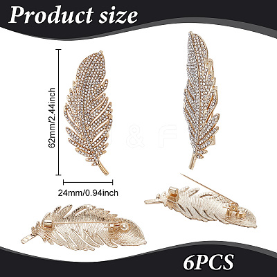 6Pcs Feather Shape Brass Rhinestone Lapel Pins for Backpack Clothes JEWB-UN0002-71B-1