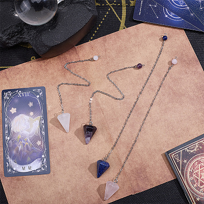 4Pcs 4 Styles Natural Blue Spot Jasper & Rose Quartz & Amethyst & Quartz Crystal Dowsing Pendulums NJEW-ME0001-20-1