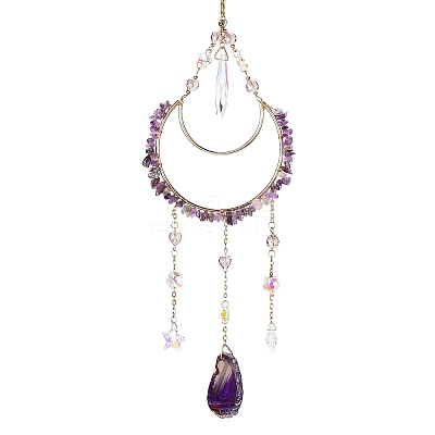 Moon Iron & Natural Amethyst Chip Pendant Decorations AJEW-Q143-09-1