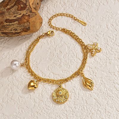 304 Stainless Steel Crystal Rhinestone and Imitation Pearl Butterfly Flower Charm 2-Strand Bracelets for Women WG73EE1-01-1