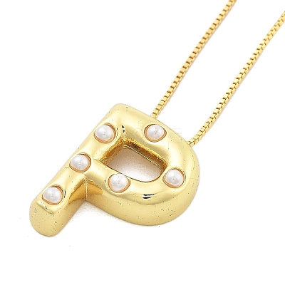 Brass & Plastic Pearl Letter Pendant Box Chain Necklaces for Women NJEW-U017-01G-16-1
