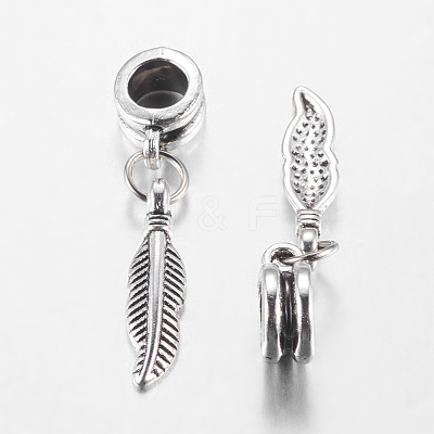 Antique Silver Tone Alloy European Feather Dangle Charms X-PALLOY-JF00001-20-1