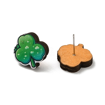 Saint Patrick's Day Green Wood Stud Earrings EJEW-D074-01B-1