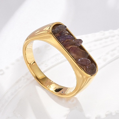 Rectangle Natural Amethyst Chips Finger Rings RJEW-D303-02G-05-1
