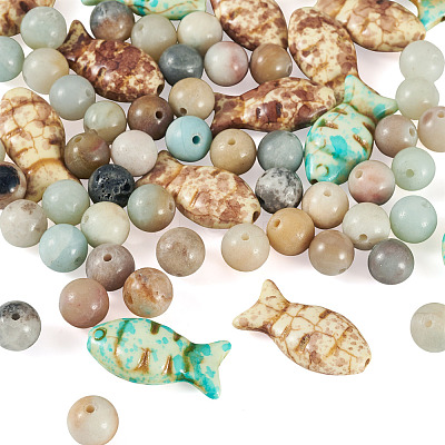 50Pcs Round Natural Flower Amazonite and 15Pcs 3 Colors Fish Dyed Synthetic Turquoise Beads Sets G-TA0003-04-1