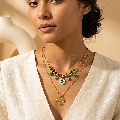 304 Stainless Steel Enamel Evil Eye Heart Pendant Double Layer Necklaces with Synthetic Turquoise for Women WGD59F3-01-1